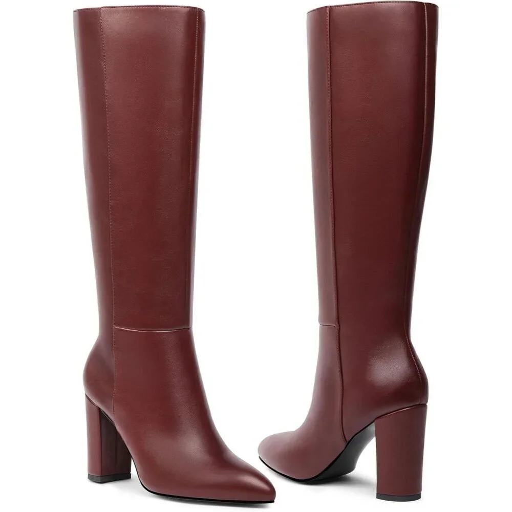 Women's Burgundy Classic Chunky Heel Pointed Toe High Heel Side Zipper Tall Boot